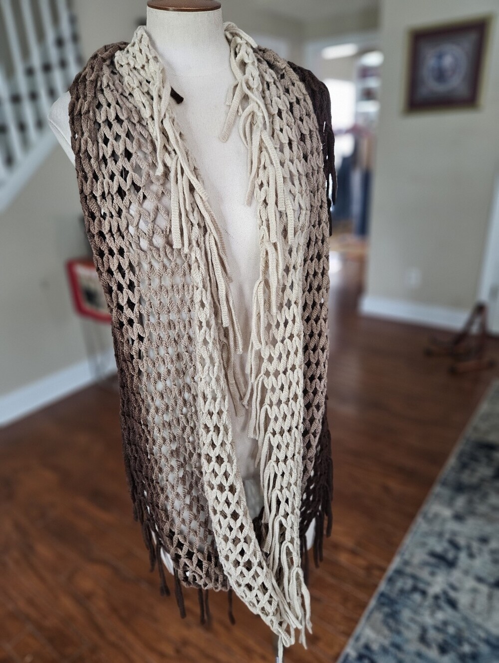 Fishnet Crochet Fringe Infinity Scarf
